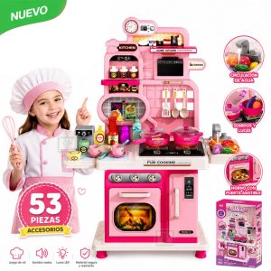 Juguete Cocina Interactiva Rosado 53 Piezas Con Sonidos Luces y Agua